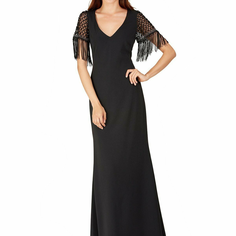 Badgley Mischka Black Fringe Sleeve V-Neck Evening Gown